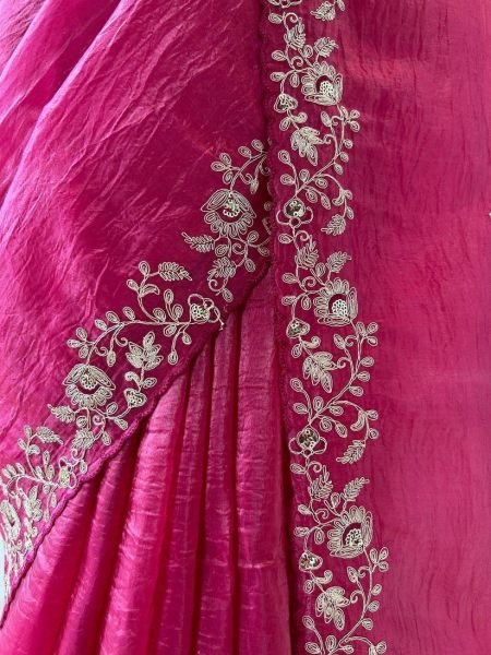 Majestic Rani Pink Soft Gold Crush Saree with Embroidered Banglory Silk Blouse Embroidery Sarees Wholesale
