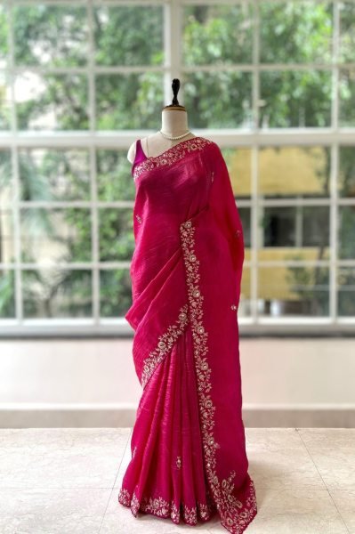 Majestic Rani Pink Soft Gold Crush Saree with Embroidered Banglory Silk Blouse Embroidery Sarees Wholesale