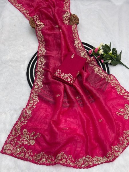 Majestic Rani Pink Soft Gold Crush Saree with Embroidered Banglory Silk Blouse Embroidery Sarees Wholesale