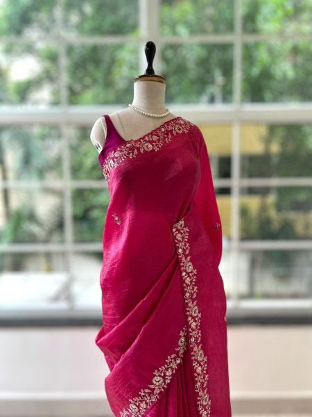 Majestic Rani Pink Soft Gold Crush Saree with Embroidered Banglory Silk Blouse Embroidery Sarees Wholesale