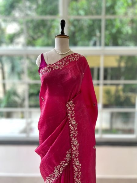 Majestic Rani Pink Soft Gold Crush Saree with Embroidered Banglory Silk Blouse Embroidery Sarees Wholesale