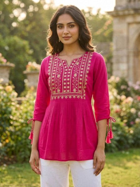 Majestic Rani Pink Stylish Embroidered Short Kurti for Everyday Fashion