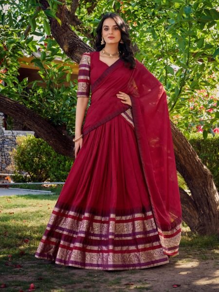Majestic Red Chanderi Lehenga with Zari Border and Matching Dupatta at Manufacturer  