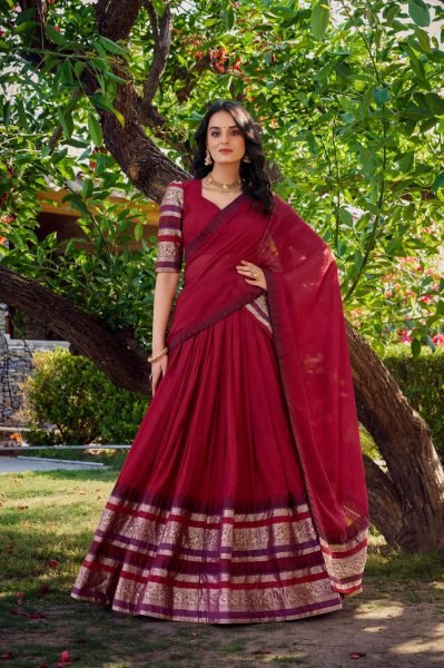 Majestic Red Chanderi Lehenga with Zari Border and Matching Dupatta at Manufacturer  Half Saree Lehenga