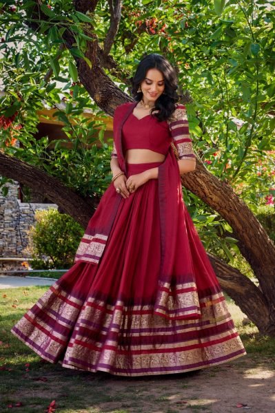 Majestic Red Chanderi Lehenga with Zari Border and Matching Dupatta at Manufacturer  Half Saree Lehenga