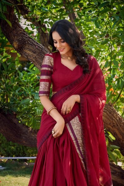 Majestic Red Chanderi Lehenga with Zari Border and Matching Dupatta at Manufacturer  Half Saree Lehenga