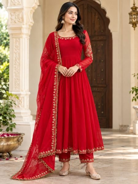 Majestic Red Designer Faux Georgette Gown with Padded Bodice and Dupatta  Ready To Wear Suit