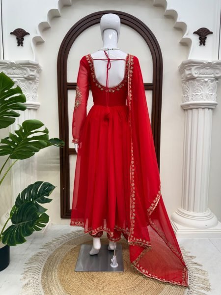 Majestic Red Designer Faux Georgette Gown with Padded Bodice and Dupatta  Ready To Wear Collection