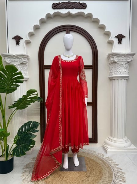 Majestic Red Designer Faux Georgette Gown with Padded Bodice and Dupatta  Ready To Wear Collection