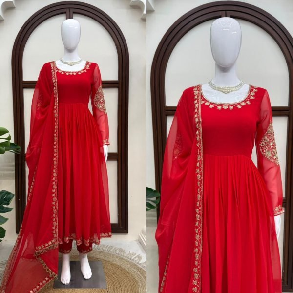 Majestic Red Designer Faux Georgette Gown with Padded Bodice and Dupatta  Ready To Wear Collection