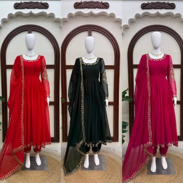 Majestic Red Designer Faux Georgette Gown with Padded Bodice and Dupatta  Ready To Wear Collection