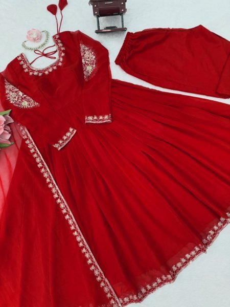 Majestic Red Designer Faux Georgette Gown with Padded Bodice and Dupatta  Ready To Wear Collection