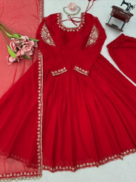 Majestic Red Designer Faux Georgette Gown with Padded Bodice and Dupatta  Ready To Wear Collection