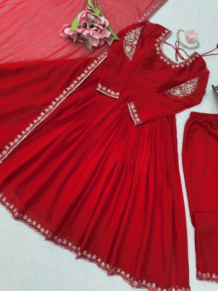 Majestic Red Designer Faux Georgette Gown with Padded Bodice and Dupatta  Ready To Wear Collection