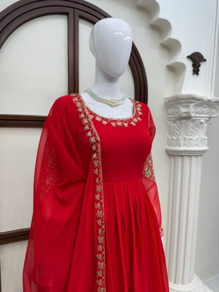 Majestic Red Designer Faux Georgette Gown with Padded Bodice and Dupatta  Ready To Wear Collection