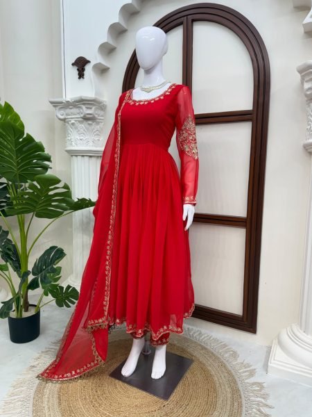 Majestic Red Designer Faux Georgette Gown with Padded Bodice and Dupatta  Ready To Wear Collection