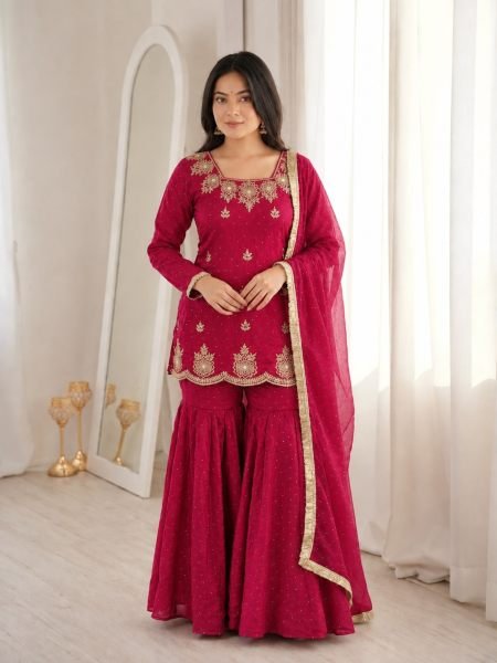 Majestic Red Fandy Silk Embroidered Kurti with Sharara and Hot Fix Dupatta For Wedding Kurtis