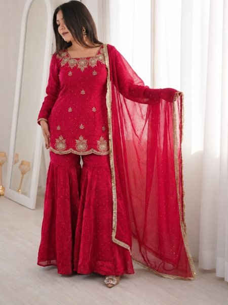 Majestic Red Fandy Silk Embroidered Kurti with Sharara and Hot Fix Dupatta For Wedding 3 Piece Kurti Set
