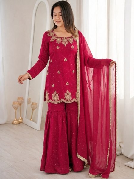 Majestic Red Fandy Silk Embroidered Kurti with Sharara and Hot Fix Dupatta For Wedding 3 Piece Kurti Set