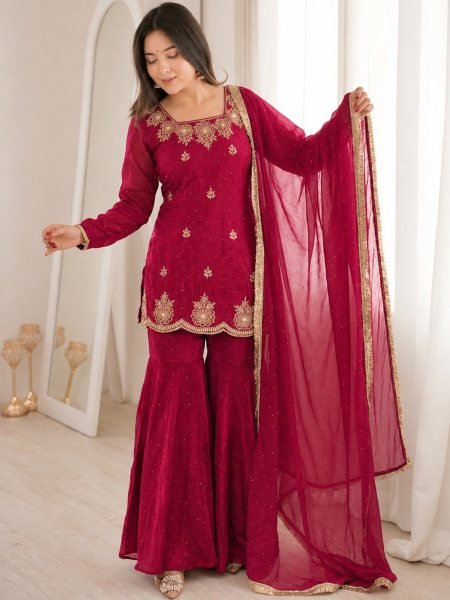 Majestic Red Fandy Silk Embroidered Kurti with Sharara and Hot Fix Dupatta For Wedding 3 Piece Kurti Set