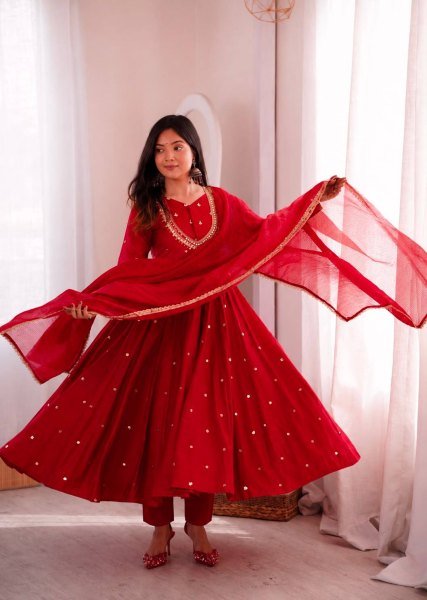Majestic Red Roman Silk Anarkali Gown with Sequin and Real Mirror Work at Wholesale Rate Ready To Wear Collection
