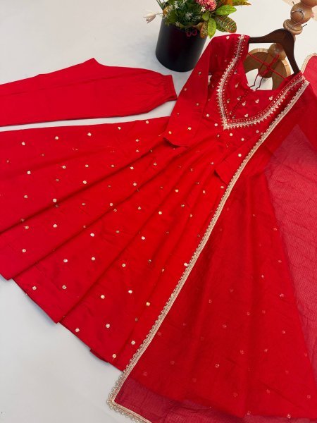 Majestic Red Roman Silk Anarkali Gown with Sequin and Real Mirror Work at Wholesale Rate Ready To Wear Collection