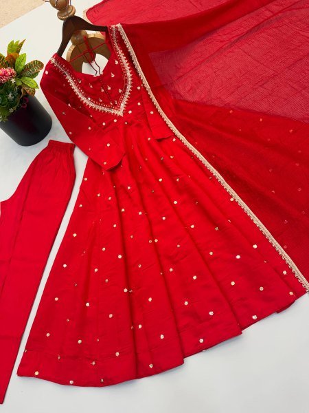 Majestic Red Roman Silk Anarkali Gown with Sequin and Real Mirror Work at Wholesale Rate Ready To Wear Collection