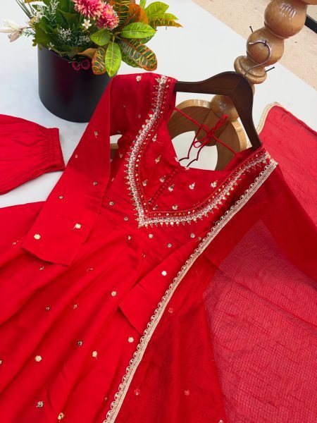 Majestic Red Roman Silk Anarkali Gown with Sequin and Real Mirror Work at Wholesale Rate Ready To Wear Collection
