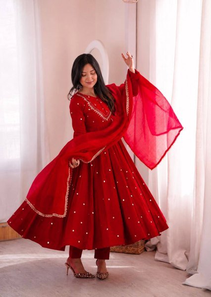 Majestic Red Roman Silk Anarkali Gown with Sequin and Real Mirror Work at Wholesale Rate Ready To Wear Collection