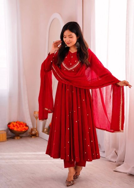 Majestic Red Roman Silk Anarkali Gown with Sequin and Real Mirror Work at Wholesale Rate Ready To Wear Collection