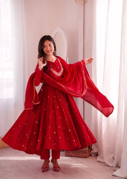 Majestic Red Roman Silk Anarkali Gown with Sequin and Real Mirror Work at Wholesale Rate Ready To Wear Collection