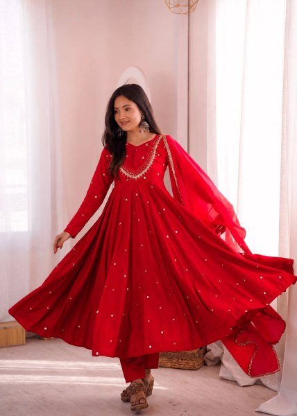 Majestic Red Roman Silk Anarkali Gown with Sequin and Real Mirror Work at Wholesale Rate Ready To Wear Collection