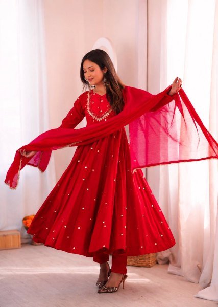 Majestic Red Roman Silk Anarkali Gown with Sequin and Real Mirror Work at Wholesale Rate Ready To Wear Collection