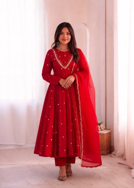Majestic Red Roman Silk Anarkali Gown with Sequin and Real Mirror Work at Wholesale Rate Ready To Wear Collection