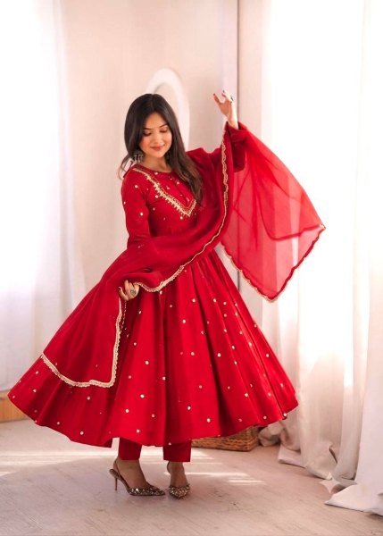Majestic Red Roman Silk Anarkali Gown with Sequin and Real Mirror Work at Wholesale Rate Ready To Wear Collection