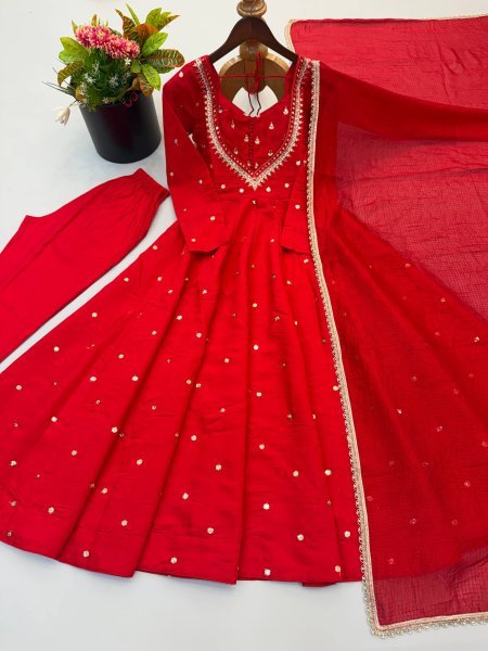 Majestic Red Roman Silk Anarkali Gown with Sequin and Real Mirror Work at Wholesale Rate Ready To Wear Collection