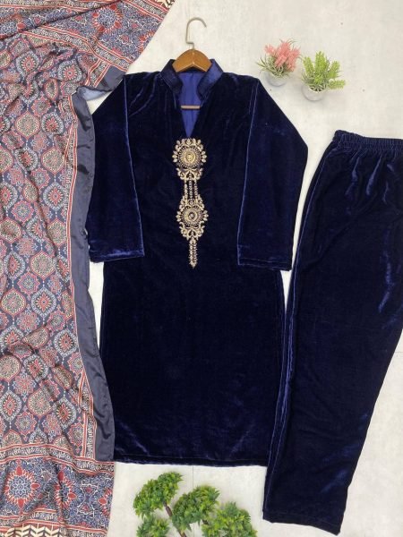 Majestic Rich Velvet Sequins Embroidered Kurti Pant Set with Ajrakh Printed Chinon Dupatta for casual wear   Straight Cut Long Kurtis