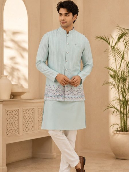 Majestic Sky Blue Boutique Men's Malai Satin Koti with Designer Front and Back Work 