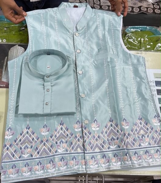 Majestic Sky Blue Boutique Men's Malai Satin Koti with Designer Front and Back Work Kurta Pajama Wholesale