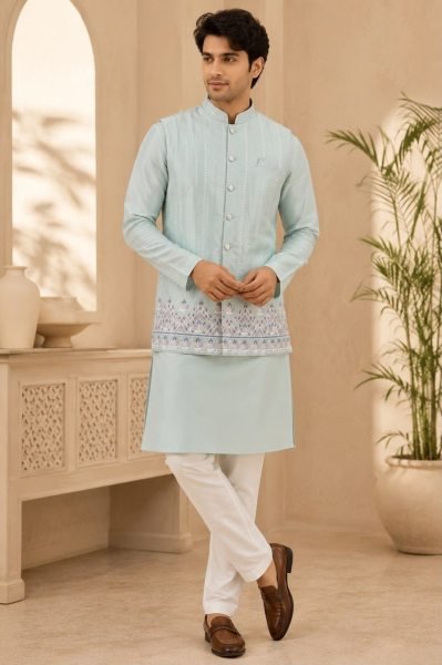 Majestic Sky Blue Boutique Men's Malai Satin Koti with Designer Front and Back Work Kurta Pajama Wholesale