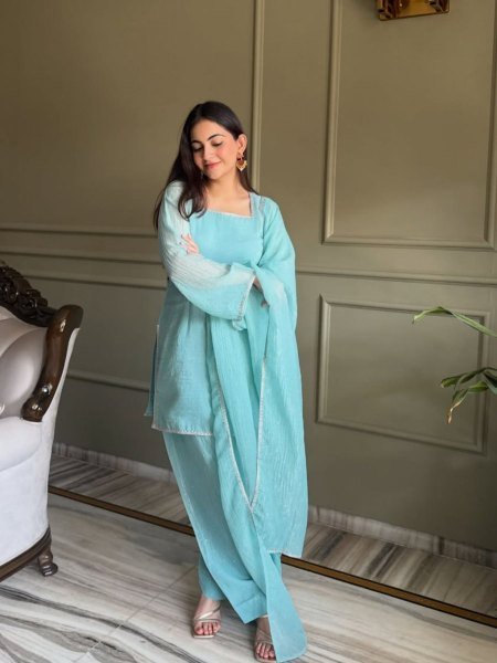 Majestic Sky Blue Designer Crunchy Silk Kurti with Patiala Bottom and Matching Dupatta 
