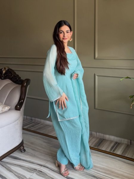 Majestic Sky Blue Designer Crunchy Silk Kurti with Patiala Bottom and Matching Dupatta 3 Piece Kurti Set
