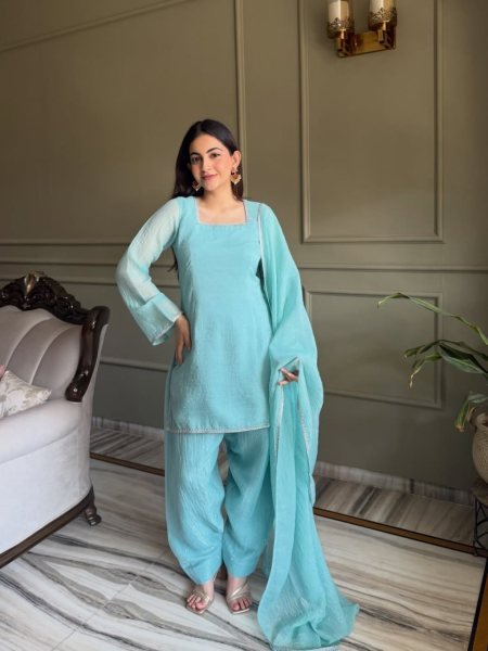 Majestic Sky Blue Designer Crunchy Silk Kurti with Patiala Bottom and Matching Dupatta 3 Piece Kurti Set