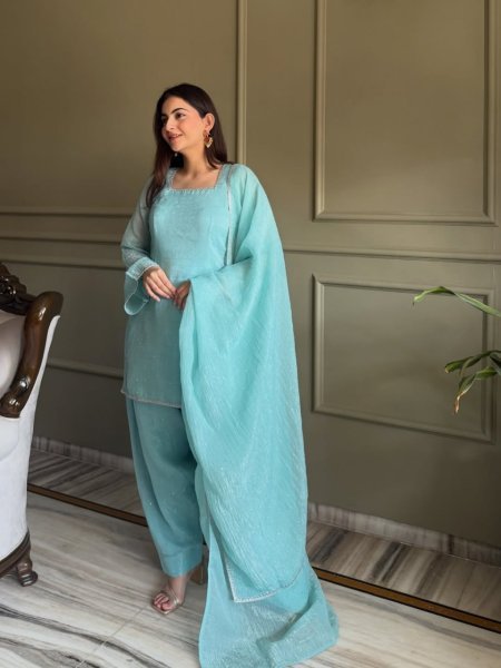 Majestic Sky Blue Designer Crunchy Silk Kurti with Patiala Bottom and Matching Dupatta 3 Piece Kurti Set