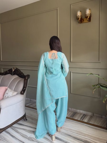 Majestic Sky Blue Designer Crunchy Silk Kurti with Patiala Bottom and Matching Dupatta 3 Piece Kurti Set