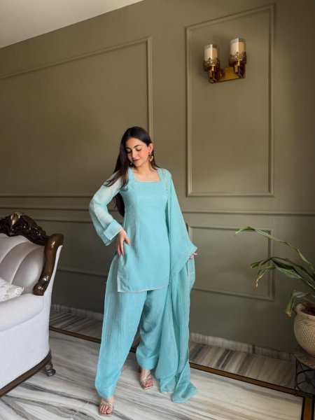 Majestic Sky Blue Designer Crunchy Silk Kurti with Patiala Bottom and Matching Dupatta 3 Piece Kurti Set
