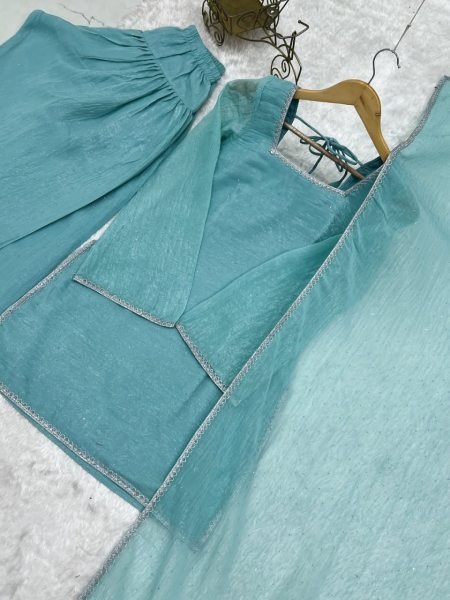Majestic Sky Blue Designer Crunchy Silk Kurti with Patiala Bottom and Matching Dupatta 3 Piece Kurti Set