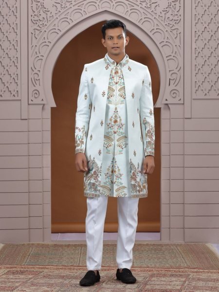 Majestic Sky Blue Designer Heavy Work Suit Set in Premium Art Silk Fabric Collection Mens Wear