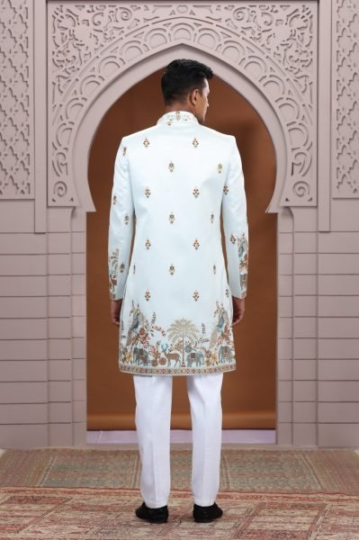 Majestic Sky Blue Designer Heavy Work Suit Set in Premium Art Silk Fabric Collection Kurta Pajama Wholesale