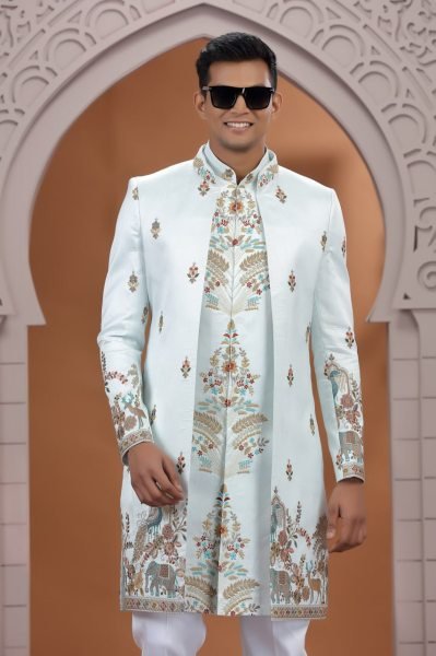 Majestic Sky Blue Designer Heavy Work Suit Set in Premium Art Silk Fabric Collection Kurta Pajama Wholesale